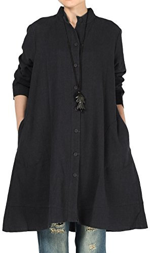 Vogstyle Damen Herbst Baumwolle Leinen Voller vorderer Knopf Blouse Kleid mit Taschen Style 1 X-Large Black