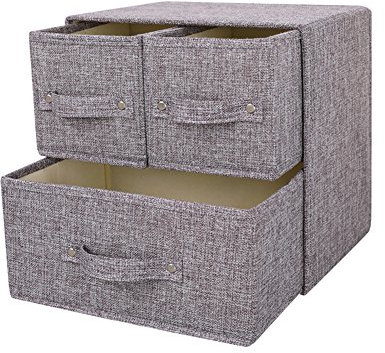 YINGGG Fabric Storage Box Storage Bins with Handle Drawer Organiser with Lid Folding Storage Bins Box Containers for Socks, Underwear, Bras, Ties, Scarves (Grey, 1 big + 2 small drawers)
