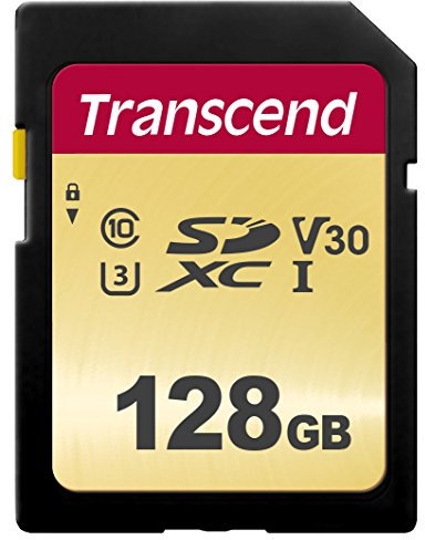 Transcend 128GB SDXC 500S Memory Card UHS-I, C10, U3, V30, 4K, Full HD, MLC, hasta 95/50 MB/s (ideal para cámaras DSLR y videocámaras avanzadas) con empaque sin frustración TS128GSDC500S-E