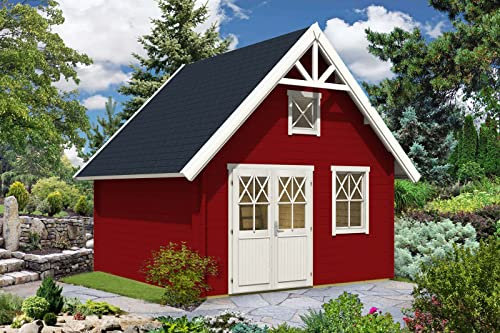 Alpholz Gartenhaus Schwedenhaus 44 mit Anbau aus Massiv-Holz, Gerätehaus mit 44 mm Wandstärke, Garten Holzhaus inklusive Montagematerial, Geräteschuppen Größe: 418 x 418 cm, Satteldach