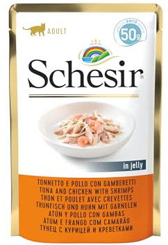 Schesir Cat Jelly Thon et Poulet avec crevettes, Nourriture pour Chat Humide en gelée, 30 sachets x 50 g