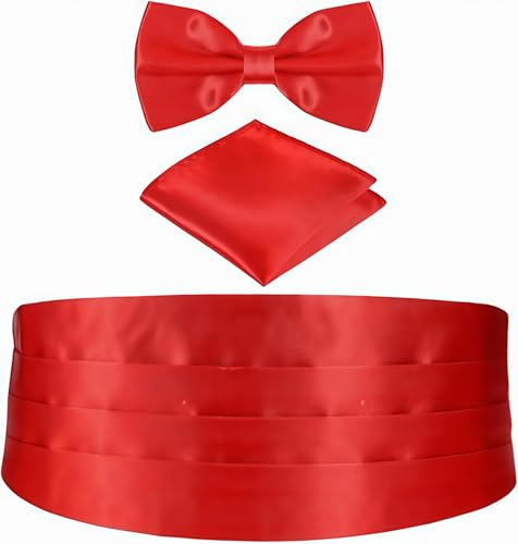 BESPORTBLE Cummerbund for Men Cumberband Bow Ties Red Mens Men's Satin Pretied Tie Breast Pocket Handkerchief Special Occassions 3pcs Cummerbunds Squares Self Square 1920s Formal Accessory Silk