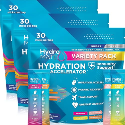 HydroMATE Electrolyte Powder Variety Pack Bulk Hydration Packets Low Sugar 90 Count