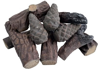 Fireplace Gas Logs, 10pcs Small Ceramic Wood Fire Logs, Decorative Ceramic Wood Log Set for Indoor Outdoor Gas Insets, Vented, Ventless, Electric, Ethanol, Gel Fireplaces