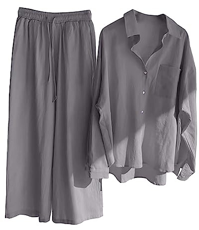 Tvådelad dräkt i ledig stil för damer, byxor och skjorta, bekväm outfit i retrostil, perfekt för vardag, plusstorlek, bomullstyg med knappar, hög midja, lös passform, fickor, byxdress