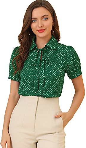 Allegra K Women's Retro Blouses Printed Bow Tie Peter Pan Collar Chiffon Blouse, Dark Green-dots, 3XL