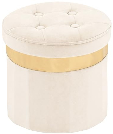 xuperbonus Small Ottoman with Storage,Folding Round Ottoman with Gold Trim,Velvet Storage Stool,Foot Stool with Soft Padded,Foot Rest for Living Room13“x13”x12.4(Beige,1pcs)