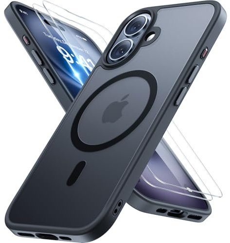 Miracase Magnetisch für iPhone 16 Hülle für Magsafe[mit 2 Schutzglas] Militärschutz Stoßfest Kratzfest Anti-Fingerabdruck Samtige Haptik Dünn Handyhülle für iPhone 16 6,1 Zoll, Schwarz