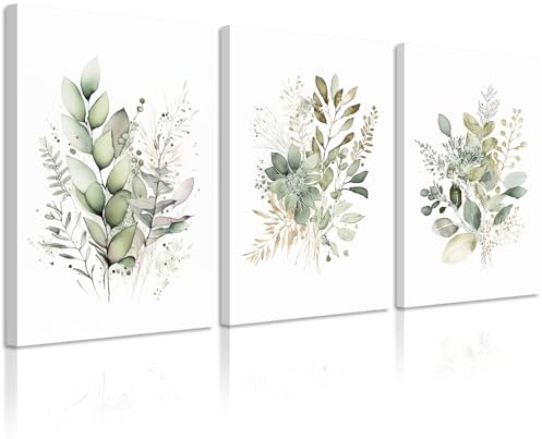 Set di 3 stampe artistiche da parete con motivo botanico ad acquerello, stile bohémien, stampa su tela, decorazione da parete con fiori verdi salvia, immagini moderne con fiori botanici, per camera da