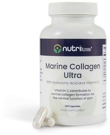 Marine Collagen Ultra - Pure Type 1 Hydrolysed Collagen 900mg with Hyaluronic Acid & Vitamin C – Supports Skin Elasticity, Hair Growth, Nails & Joint Health – 120 Capsules - UK Made by Nutriluxe