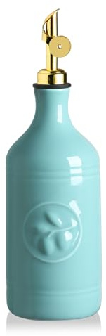 Sweejar Home Flacon distributeur d'huile d'olive en céramique de 460 ml pour cuisine avec bec gravité, récipient à vinaigre opaque en relief pour Evoo, sauce soja, 1 lot (turquoise, bec doré)