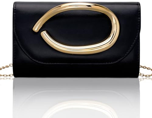 Larcenciel Bolso Mujer Negro, Elegante Bolso Cuero de Mano con Asa Dorado, Vintage Clutch de Noche de Piel con Cadena Desmontable, Moda Bandolera Carteras de Mano para Boda, Fiesta, Cóctele, 22x12x5CM
