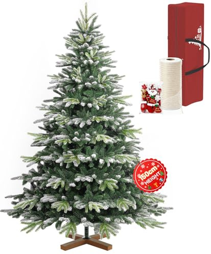 Ferzone 150cm Sapin de Noël Artificiel Vert avec Neige Blanche, 553 Pointes de Sapin en PVC/PE & Sac de Rangement, Arbre de Noël avec Pied en Bois, Décorations, Montage Facile&Design Pliant