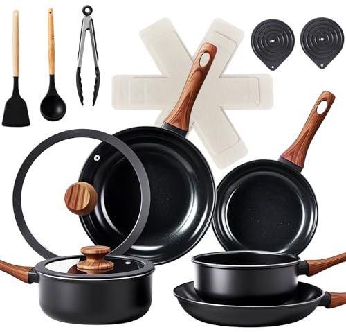 Bonnlo 17Pcs Pots and Pans Set Non Stick, Saucepan Set, Pot Set Non Toxic, Cookware Set with Lid, RV Cookware, PFAS PFOA & PFOS Free - Black