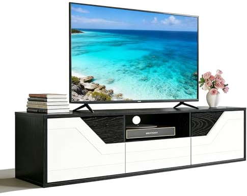 Durecoform TV Lowboard Stehend 120cm, TV Schrank mit 2 Türen, TV Board für Fernseher bis zu 50 Zoll, Fernsehschrank mit Schublade und offenem Fach für Wohnzimmer und Schlafzimmer, Schwarzweiß