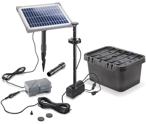 Esotec Solar Unterwasser-Teichfilter Komplettset mit Pumpe Profi 5/160 LED, 1,5Ah LiFePo4 Akku, Solarmodul, Teichfilterbox, Sprinkleraufsätze Filterschwamm 101069