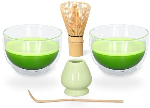 Aricola Matcha-Set 5-teilig, bestehend aus 2 Matchaschalen aus doppelwandigem Glas, Matchalöffel, Matchabesen und hellgrünem Besenhalter.