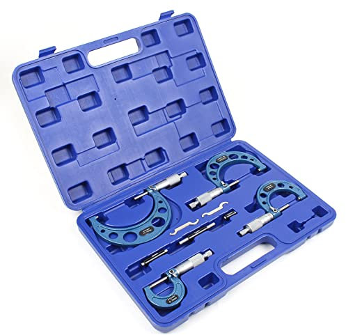 Wiltec Mikrometer Werkzeug Set, Messbereich 0-100 mm, Messgenauigkeit 0,01 mm, Werkzeugset mit 4 Bügelmessschrauben und Koffer, Stahl