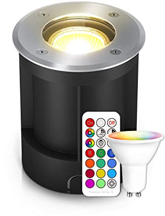 lambado® LED Bodenstrahler für Aussen mit RGB Farbwechsel dimmbar inkl. Fernbedienung - Runde Bodenleuchte/Bodeneinbaustrahler IP67 aus Edelstahl - Befahrbar & Wasserdicht