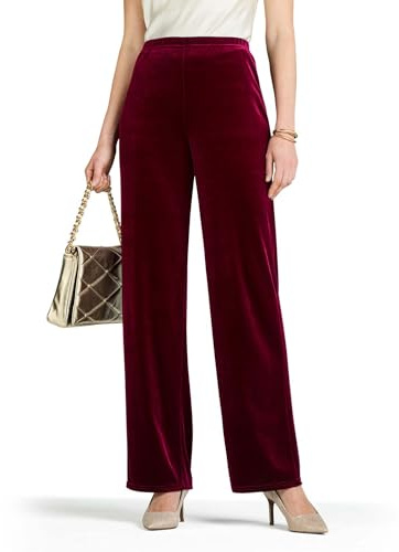 Chums Ladies Velour Straight Leg Trousers Soft Stretch Elasticated Waist Smart Casual Evening Comfort Trousers Sizes 12–24 Wine 14