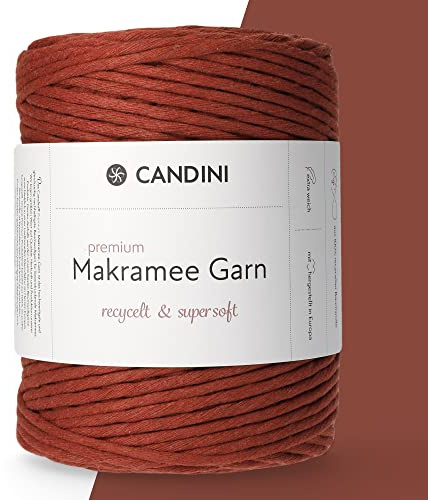 Candini Premium Makramee Garn | terracotta | 3mm x 200m | 100% recycelte Baumwolle aus Portugal | Baumwollgarn, DIY, rot braun