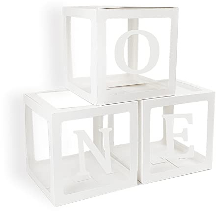 First Birthday Balloons Boxes for Boy or Girl 'ONE' Letters Individual Three White Transparent Square Boxes 1st Birthday Party Decorations Backdrop Photo Shoot Prop