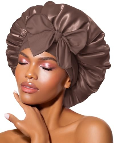 BONNET QUEEN Cuffia Seta Capelli Notte Regolabili Cuffia Capelli Ricci Bonnet con Lacci Lunghi Morbida e Protettiva Anti-Crespo, Cioccolato