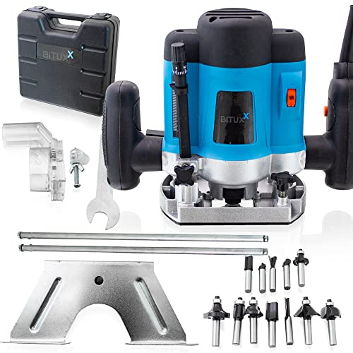 Bituxx 1200W Oberfräse Fräse Kantenfräse Holzfräse Parallelanschlag, Absaugadapter inklusive 12 tlg. Fräser Set