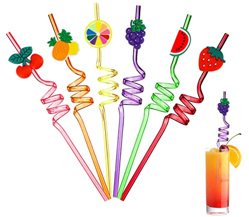 Ulife Mall 6 Stück Wiederverwendbare Strohhalm Obst Thema Niedlich Obst Plastik Strohhalme Lockige Party Trinkhalme Kinder Junge Mädchen Geburtstagsfeier Dekorationen Partybedarf