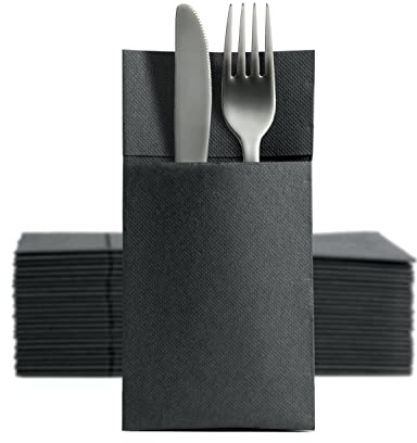 Shobi Tovaglioli portaposate 40x30 cm Tasca effetto stoffa in Pura cellulosa Biodegradabile e Compostabile (Nero, 50)