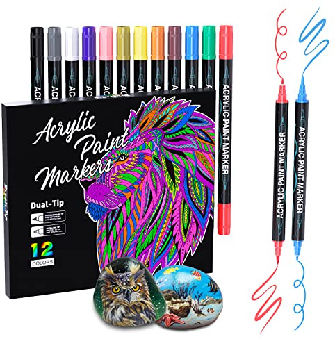 Sonlaryin Pennarelli a Vernice Acrilica, 12 Colori Pennarelli Acrilici Doppia Punta, Pennarelli Acrilici Punta Fine per Ceramica, Stoffa, Tessuti, Plastica, Vetro, Metallo, Roccia, Tela, Carta, DIY