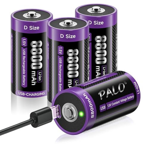 Mspalocell Baterías de Litio USB-C D 8800 mAh LR20 batería 1,5 V Carga rápida baterías Tipo C batería con Cable de Carga, Baja autodescarga, con luz de Carga, 1500+ Ciclo, 4 Piezas batería D Mono