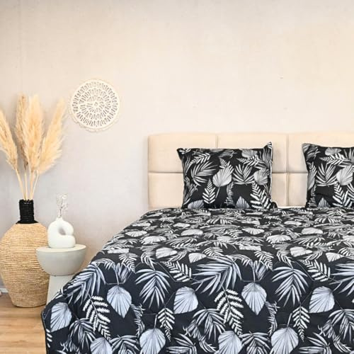 HappyBed - 200x220 cm - Waschbare Bettdecke ohne Bezug - Bedruckte Bettdecke - Bettwäsche - Schwarze Blätter