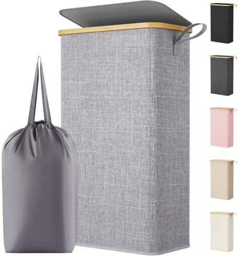 Lifewit 75L Slim Laundry Basket with Lid, Narrow, Removable Bag, Grey | Bamboo Handles, Foldable Thin Laundry Bin, Dirty Clothes Hamper for Laundry, Bathroom, Bedroom and Dorm