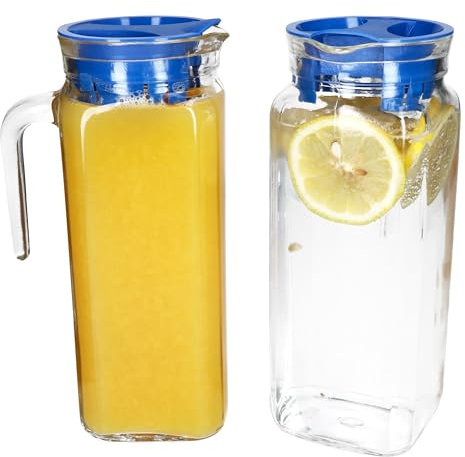 MamboCat KARO Lot de 2 pichets de réfrigérateur avec couvercle en plastique bleu I 1 l I Carafe carrée en verre avec bec verseur et anse pour thé glacé, eau, jus, lait, etc.