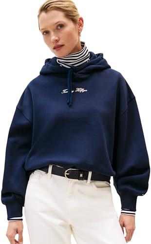 Tommy Hilfiger Donna Felpa Classic Script Fleece con Cappuccio, Blu (Dark Night Navy), M
