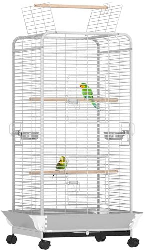 PawHut Vogelkäfig für Papageien, mit Rädern, Futterstangen und herausnehmbarer Schale für Kakadus, 79 x 73 x 146 cm, Hellgrau