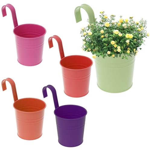 5 vasi per fiori da appendere al balcone, in metallo con gancio, Ø 10/8 cm, altezza 16 cm, da appendere con fori di scarico, vaso per fiori sospesi, per esterni, terrazze, piante grasse, erbe