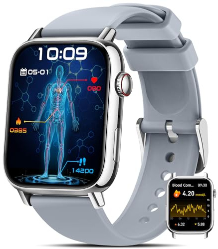BANLVS Smartwatch Uomo Donna con 𝐆𝐥𝐢𝐜𝐞𝐦𝐢𝐚/𝐇𝐑𝐕/𝐄𝐂𝐆, 1,83 Orologio Fitness con Chiamate, 24H Cardiofrequenzimetro SpO2, Sonno, 150+ Sport, Notifiche Messaggi, IP68 Android iOS Argento