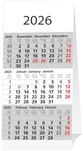 2026 ADINA Kleiner Aufstellkalender Dreimonatskalender für den Schreibtisch 1 Stück weiss