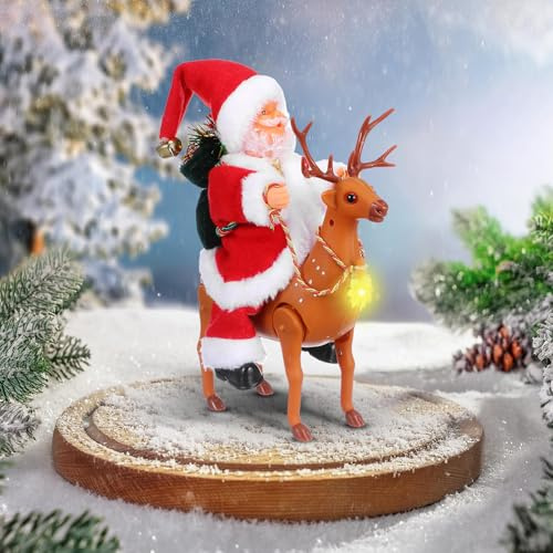 Healifty Electric Musical Santa on Reindeer Toy with LED Lights Moving Reindeer Sleigh Figurine for Kids Birthday Party Home Decor Desktop Ornament 10x8 Inch