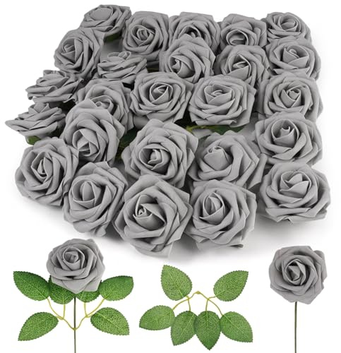 25 Pezzi Fiori Artificiali, Fiori Artificiali Schiuma Teste di Roses Finti, Rose Finte per Decorazioni, Schiuma Rose Finte Sfuse con Stelo, per Matrimoni, Arco di Nozze, Decorazione per Casa, Grigio