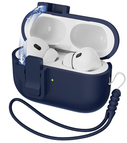 R-fun for AirPods Pro 2nd Generation Case Cover, Liquid Silicone Rubber Auto Pop-Up Military Grade Anti-Fall Soft Silicone for AirPods Pro with Lanyard & Cleaning Kit, Front LED Visiblemidnight blue