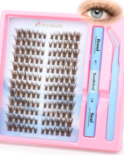 Obeyalash Kit Cluster de Cils Brun Fox Eyes + Colle + Fixateur + Pince | Lash Clusters Brun, œil de chat, C Curl Extensions de Cils Marron, Bond & Seal Blanc pour Pose DIY à la Maison