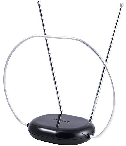 Philips Rabbit Ears Black Indoor TV Antenna, Dipoles and Circular Loop, Tabletop, Digital, Smart TV Compatible, HDTV, 4K 1080P VHF UHF, 5Ft Coaxial Cable, SDV8201B/27