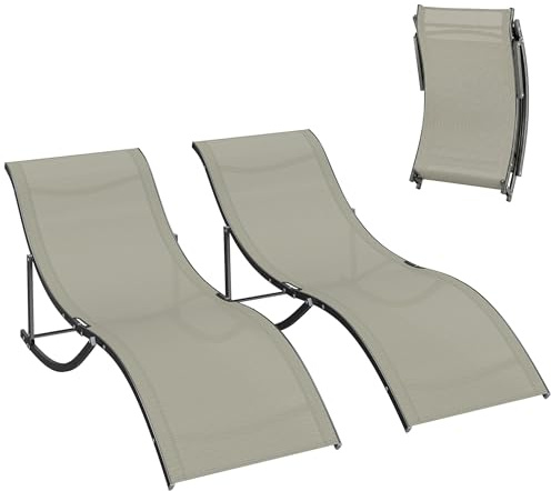Outsunny Set di 2 Lettini Prendisole da Giardino Pieghevoli, Sdraio da Giardino in Texteline e Alluminio, per Spiaggia, Piscina, 61x165x63 cm, Cachi