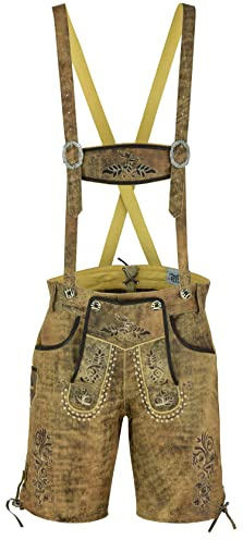 RIDEX Men's Oktoberfest Costume Antique Leather Lederhosen Short Trouser with Matching Suspenders (36W) Brown