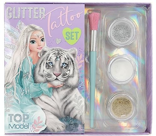 Depesche TOPModel - 12518 - Set de 30 Tatouages Adhésifs, 1 Pinceau, 3 Poudres Paillettes Argentées, Blanc et Or - Imprimé Animal - 12518