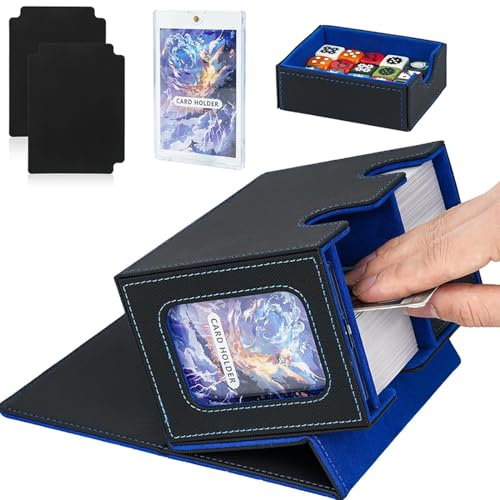 Jamiukro Boîte de jeu de cartes pour MTG Commander, boîte de cartes TCG, boîte de rangement de cartes magnétiques en cuir PU, pour 150 cartes doubles, noir et bleu