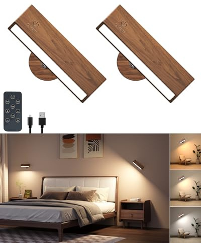 DetarZinLED Lampade con Batterie Set Di 2,Lampada Ricaricabile con Telecomando,Luci da Parete Per Camera da Letto Batteria,Adjustable Wall Sconces Wireless con 3 Temperature di Colore Per il Comodino